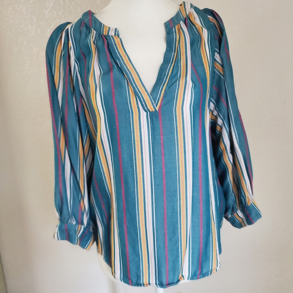 Anthropology Maeve Striped Blouse V Neck 3/4 Length Sleeve Medium